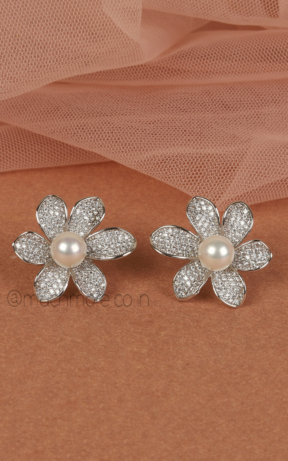 Pearl Flower Silver Polish Diamond Stud Earrings