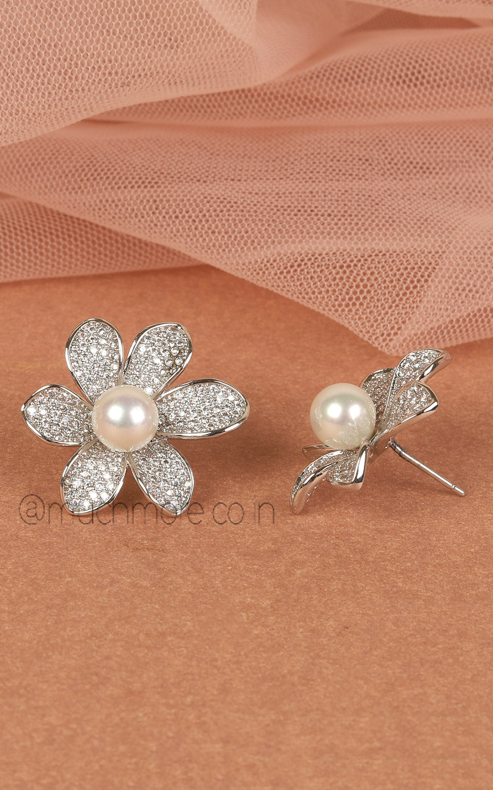 Pearl Flower Silver Polish Diamond Stud Earrings