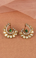 Gold Polish Kundan And Emerald Green Color Stud Earrings