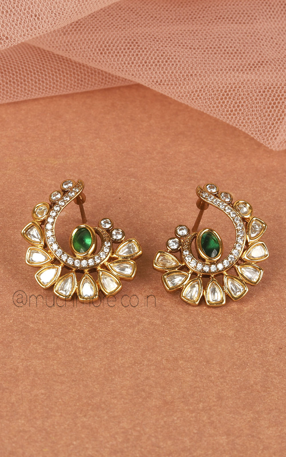 Gold Polish Kundan And Emerald Green Color Stud Earrings
