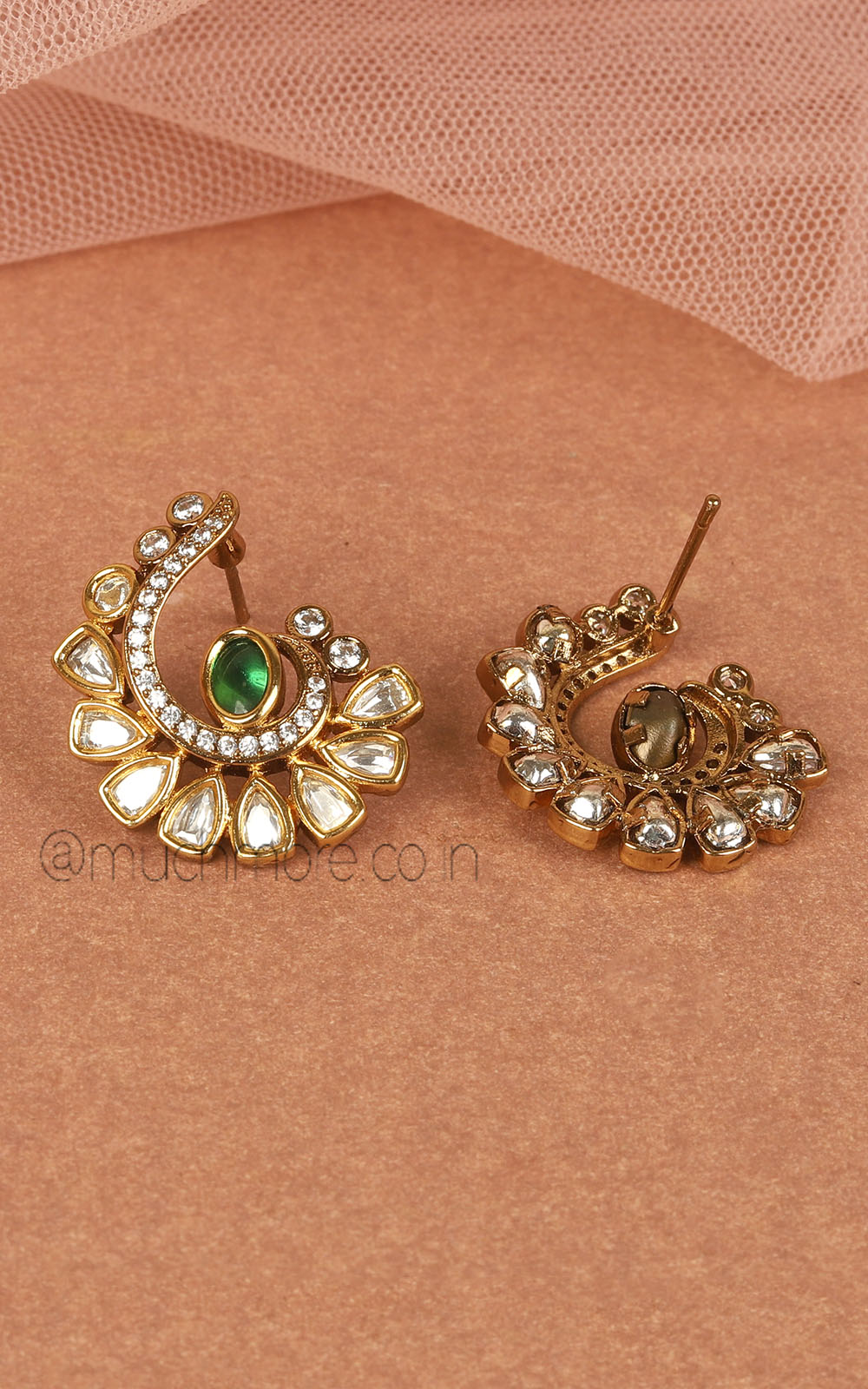 Gold Polish Kundan And Emerald Green Color Stud Earrings