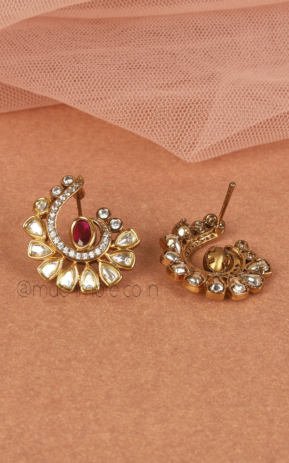 Gold Polish Kundan And Ruby Color Stud Earrings