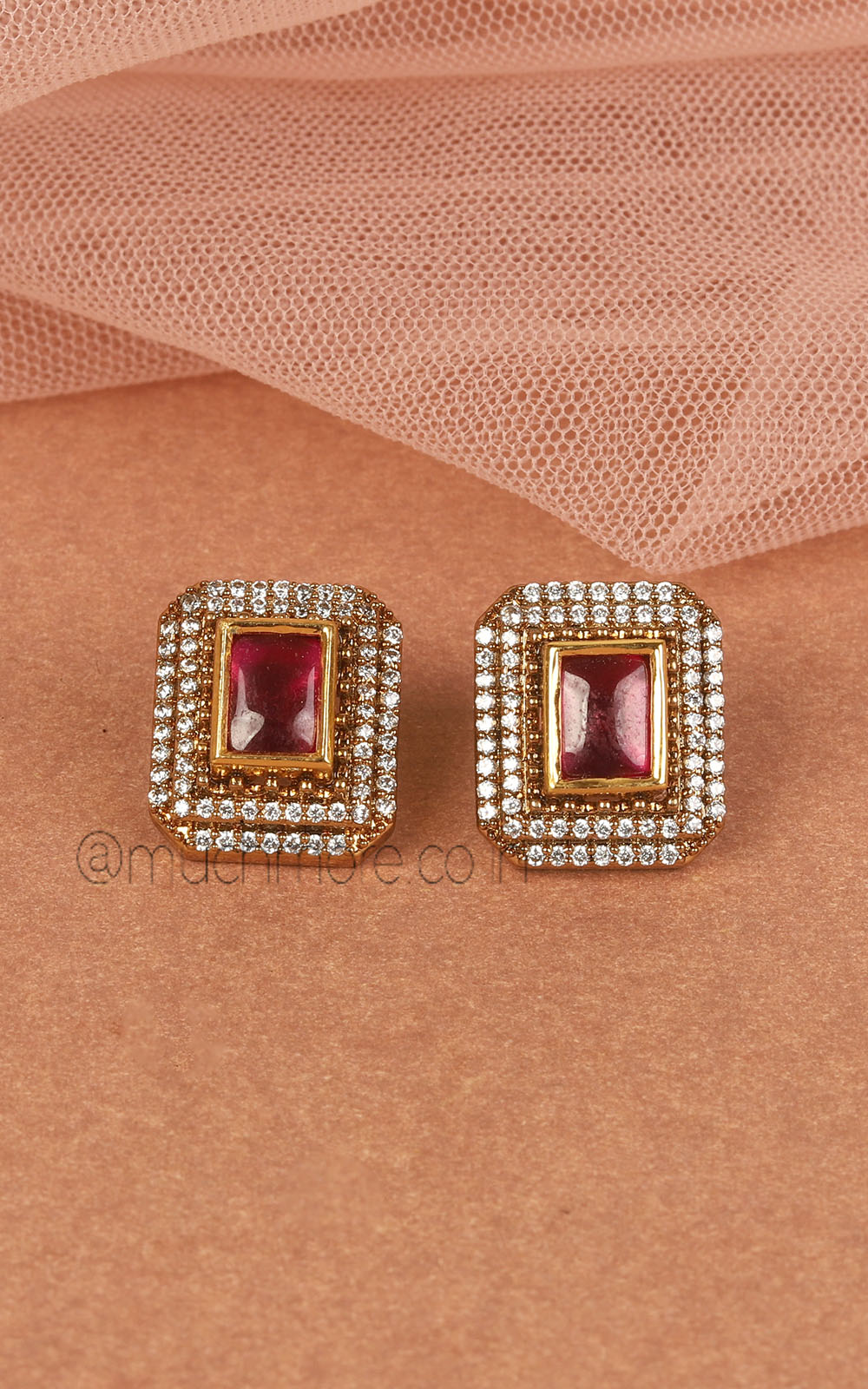 Square Stud In Ruby Kundan And Diamonds For Women