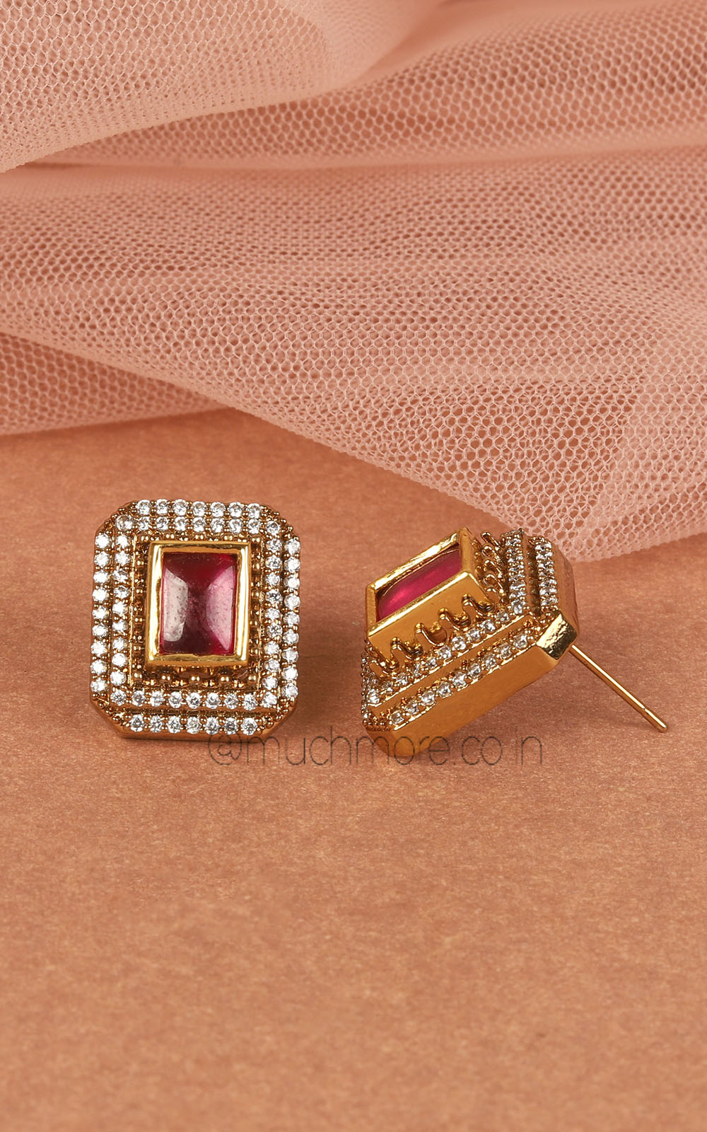 Square Stud In Ruby Kundan And Diamonds For Women