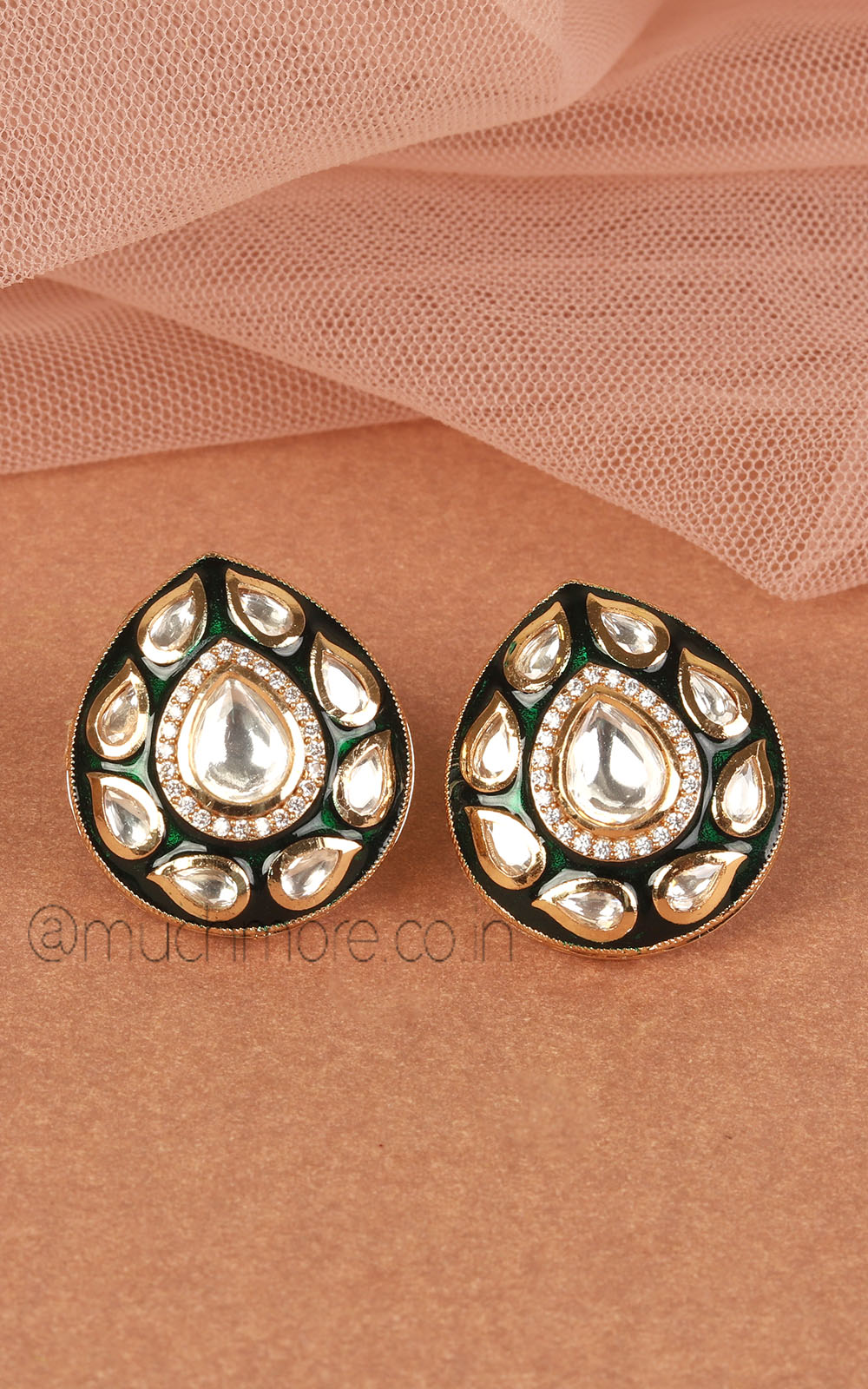 Emerald Green Enamel Work Polki Drop Stud Earrings