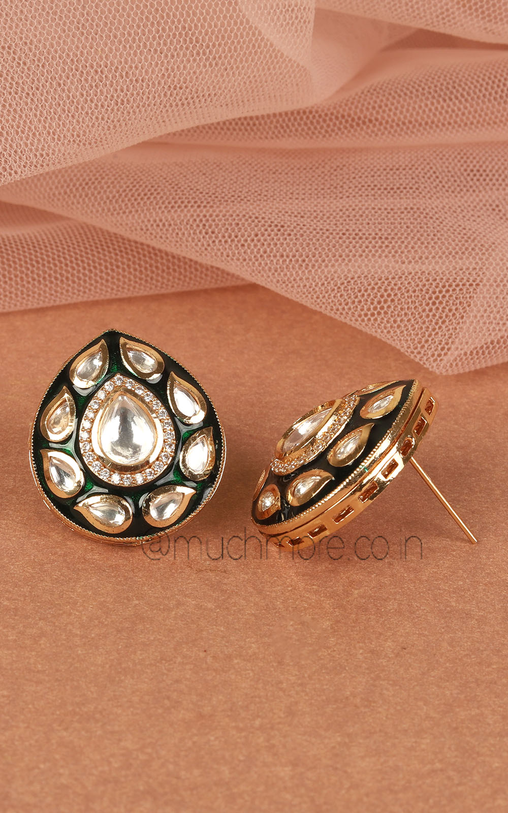 Emerald Green Enamel Work Polki Drop Stud Earrings