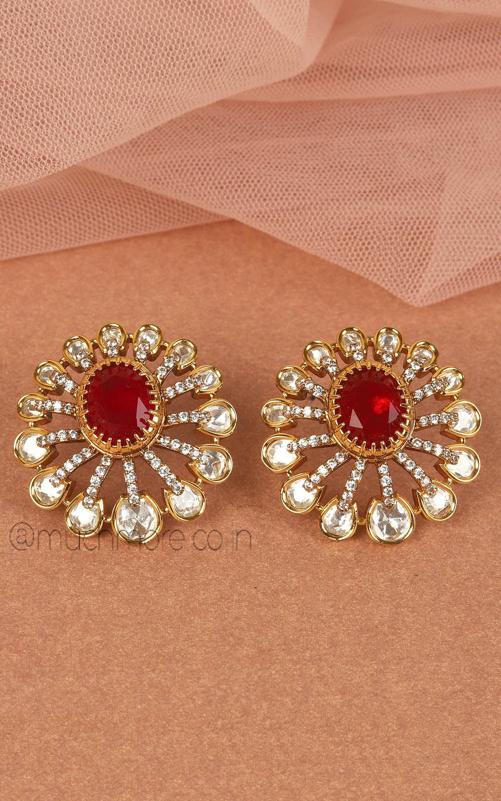 Flower Style Ruby Kundan Stud Earrings For Bridesmaid