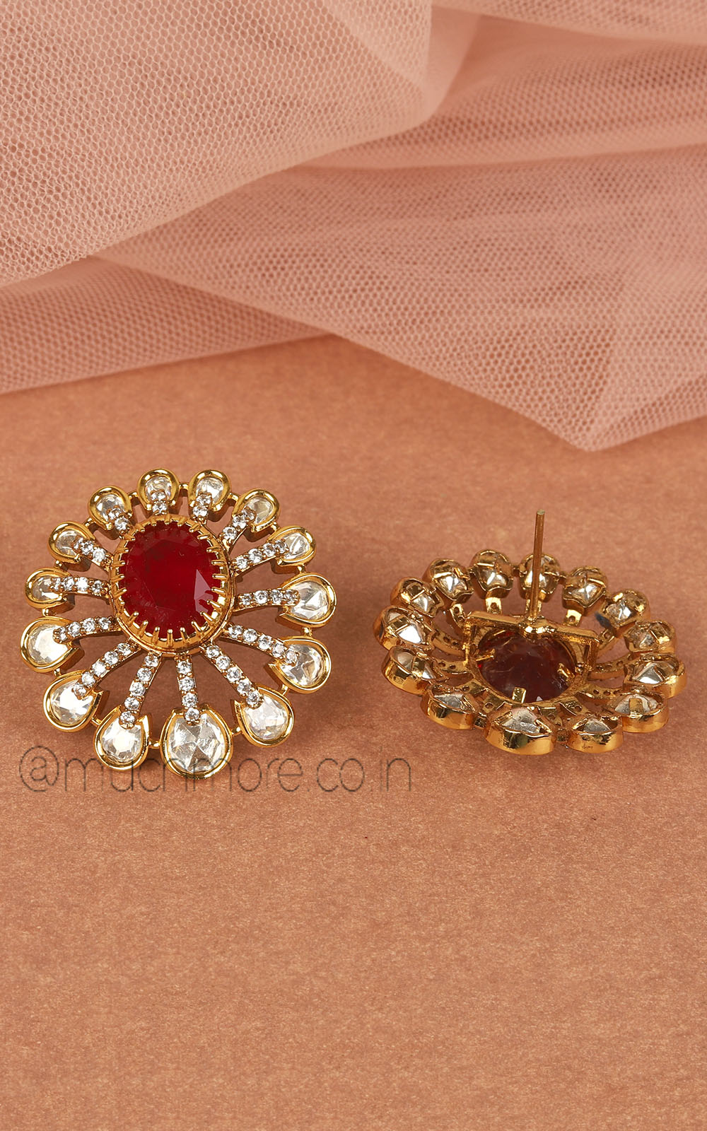 Flower Style Ruby Kundan Stud Earrings For Bridesmaid