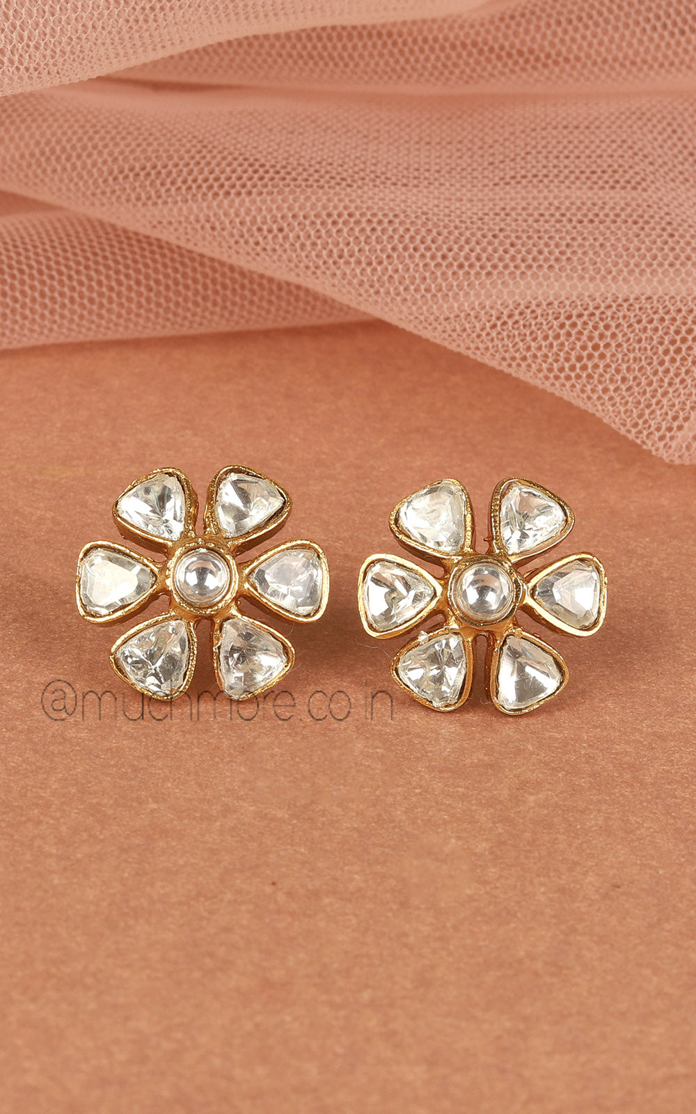 Gold Polish Polki Cute Flower Stud Earrings