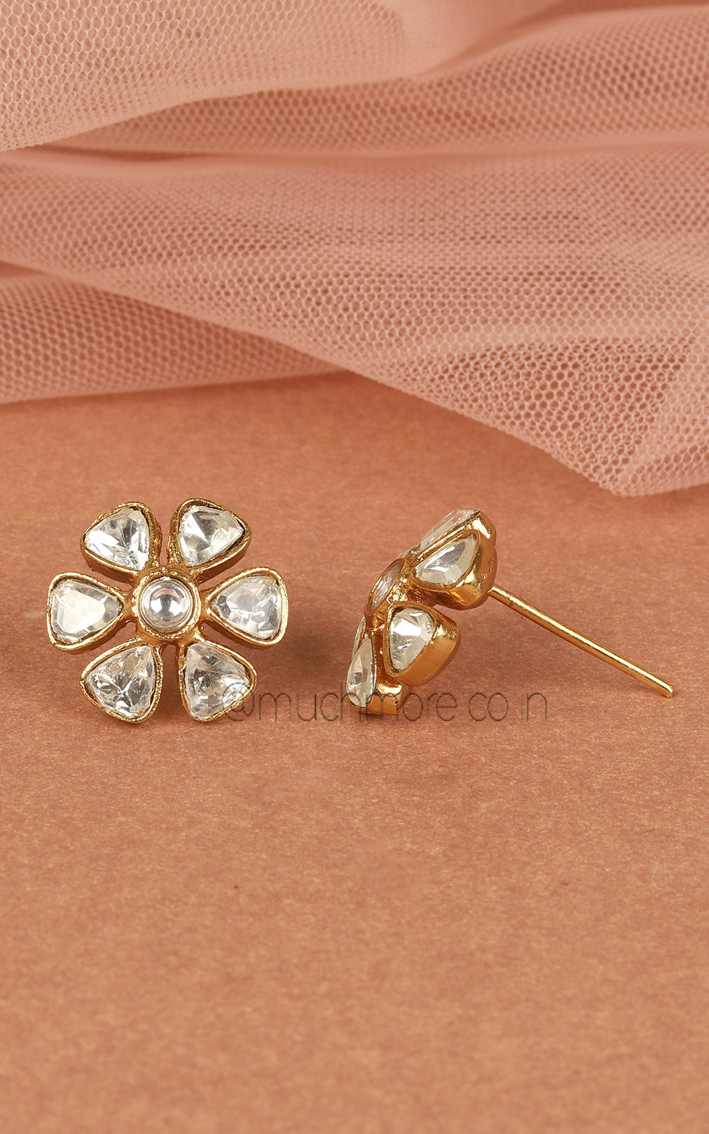 Gold Polish Polki Cute Flower Stud Earrings