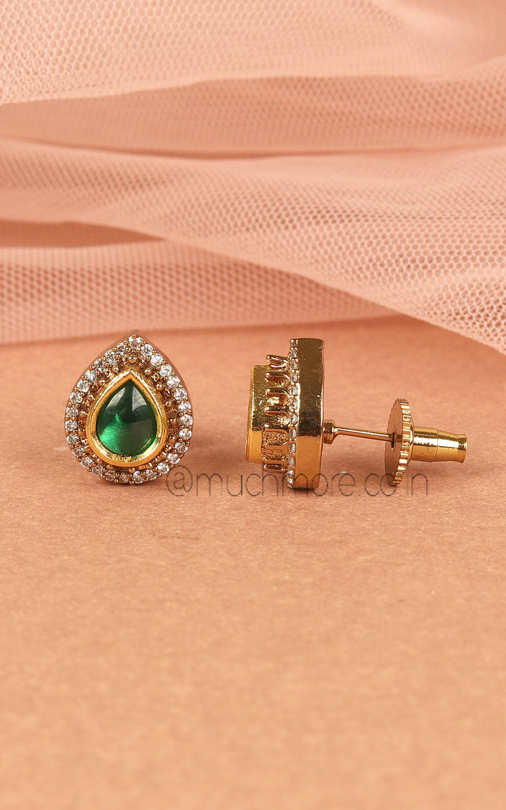 Drop Shaped Emerald Green Kundan Diamond Small Studs