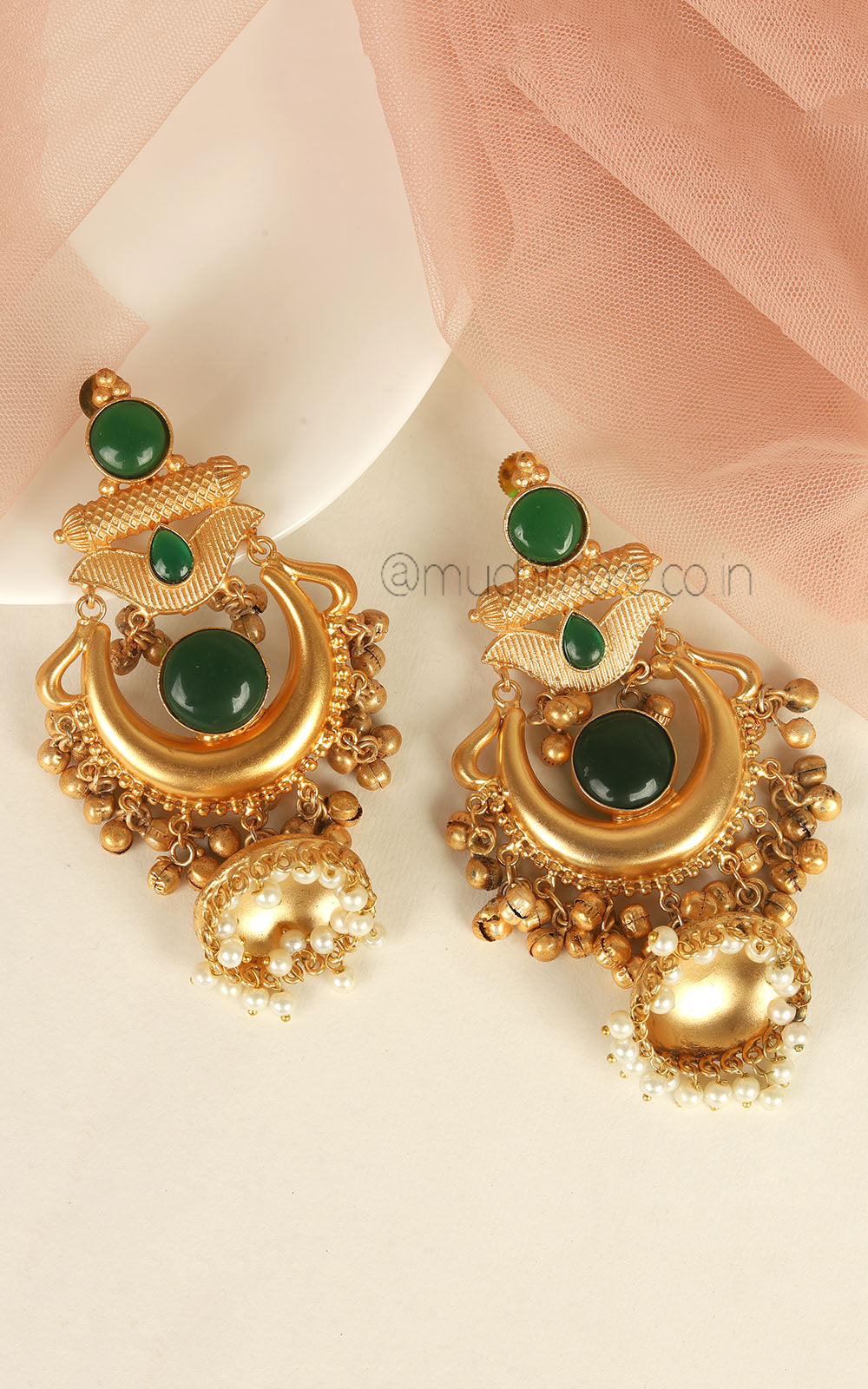 Gold Look Over Size Emerald Green Jhumki Women Earrings