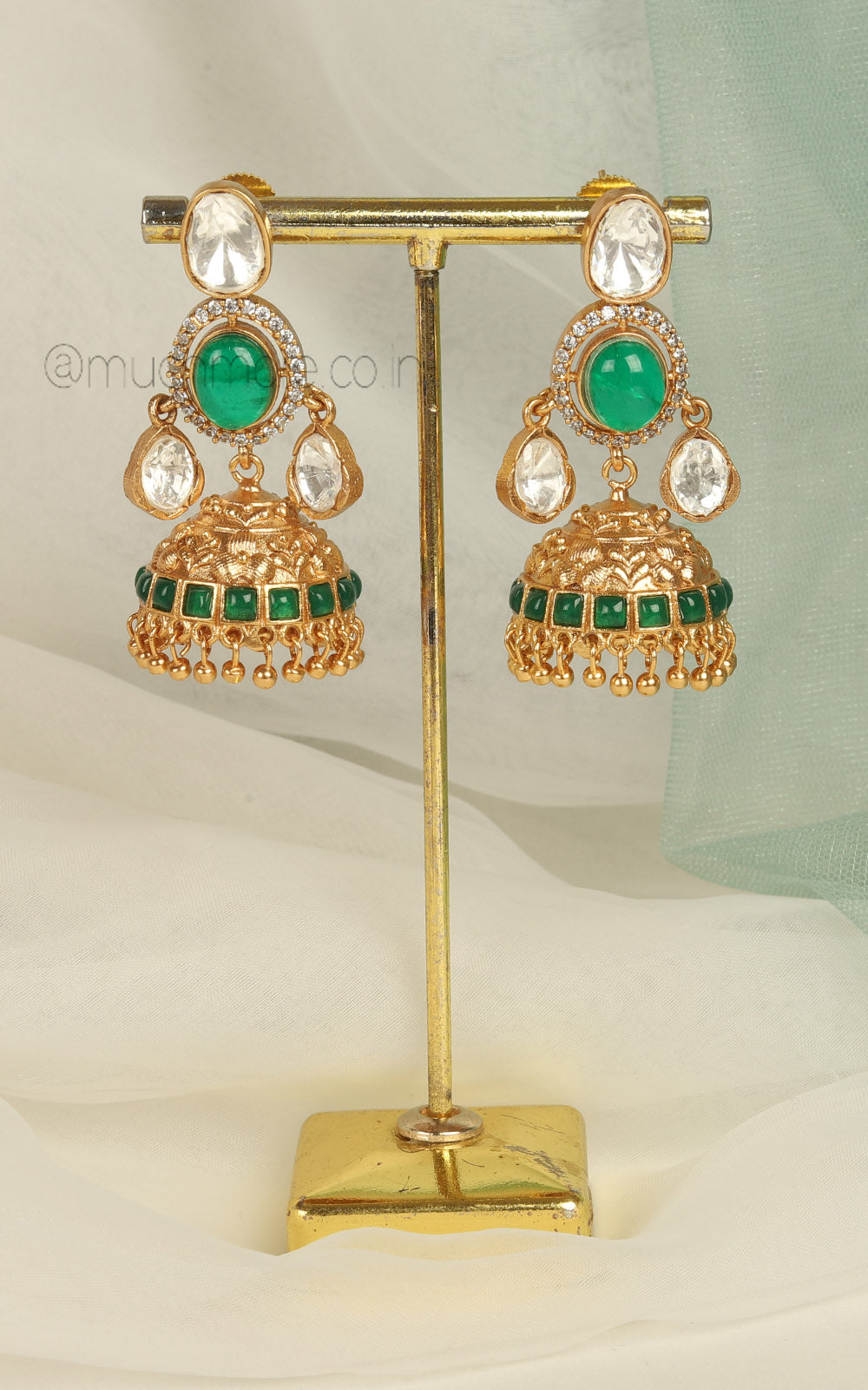 Emerald Green Gold Look With Polki Jhumki For Traditional Look