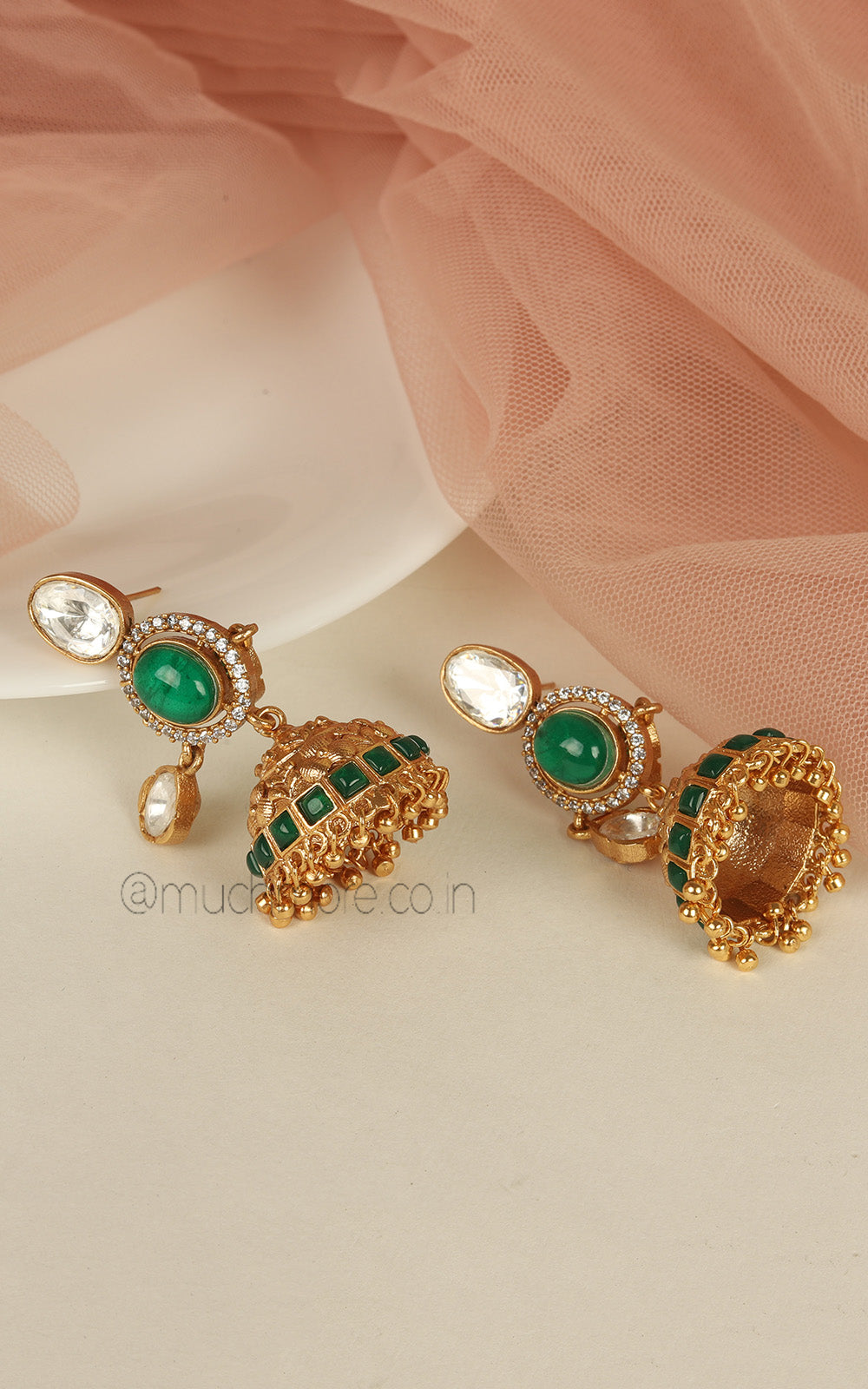Emerald Green Gold Look With Polki Jhumki For Traditional Look