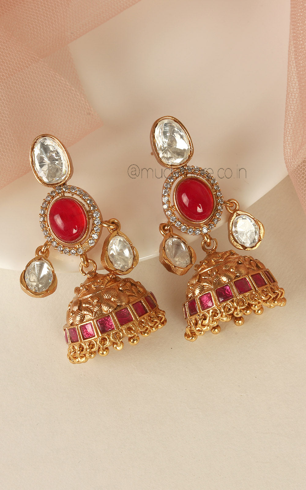 Ruby Gold Look With Polki Jhumki For Traditional Look