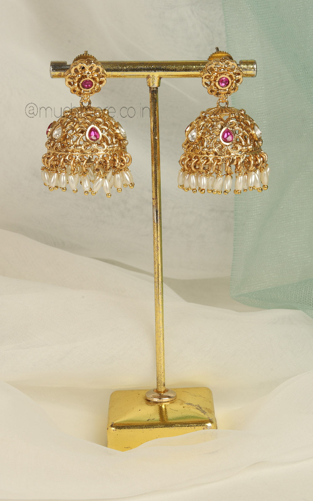 Gold Look Ruby Jhumki With Rice Pearl Hanging