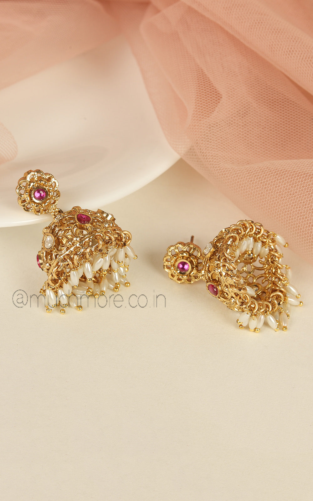 Gold Look Ruby Jhumki With Rice Pearl Hanging