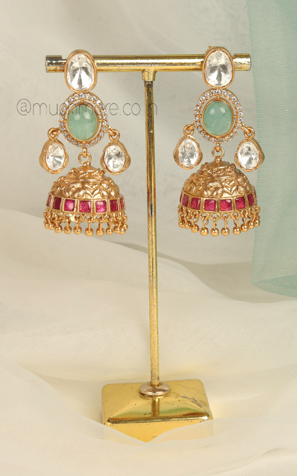 Mint Green And Ruby Gold Look Jhumki With Polki