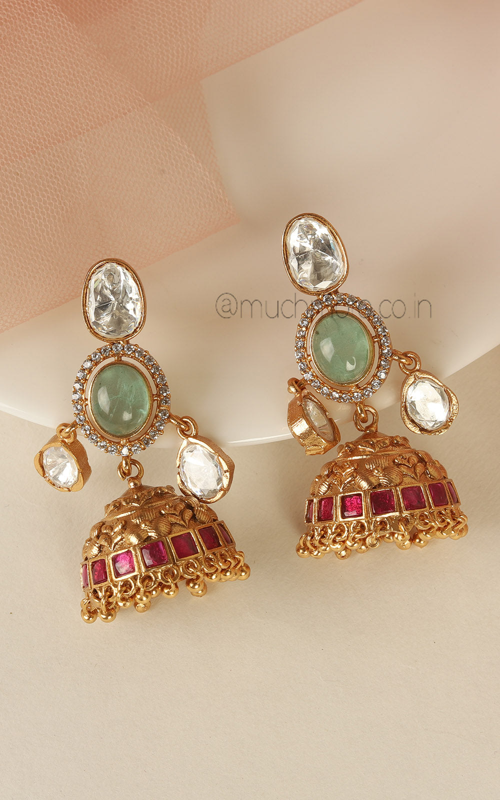 Mint Green And Ruby Gold Look Jhumki With Polki