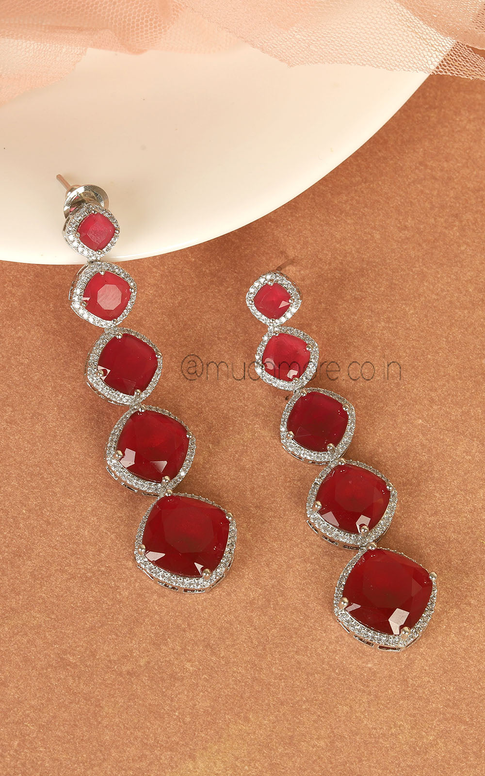 Diamond Zircon Silver Polish Ruby Earrings For Women