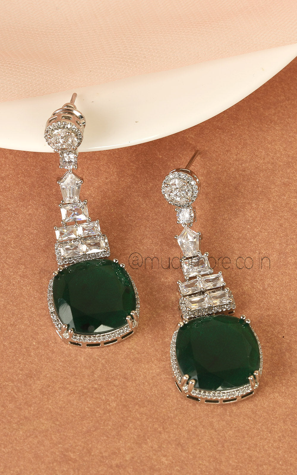 Glamorous Emerald Green Earrings In Silver Polish