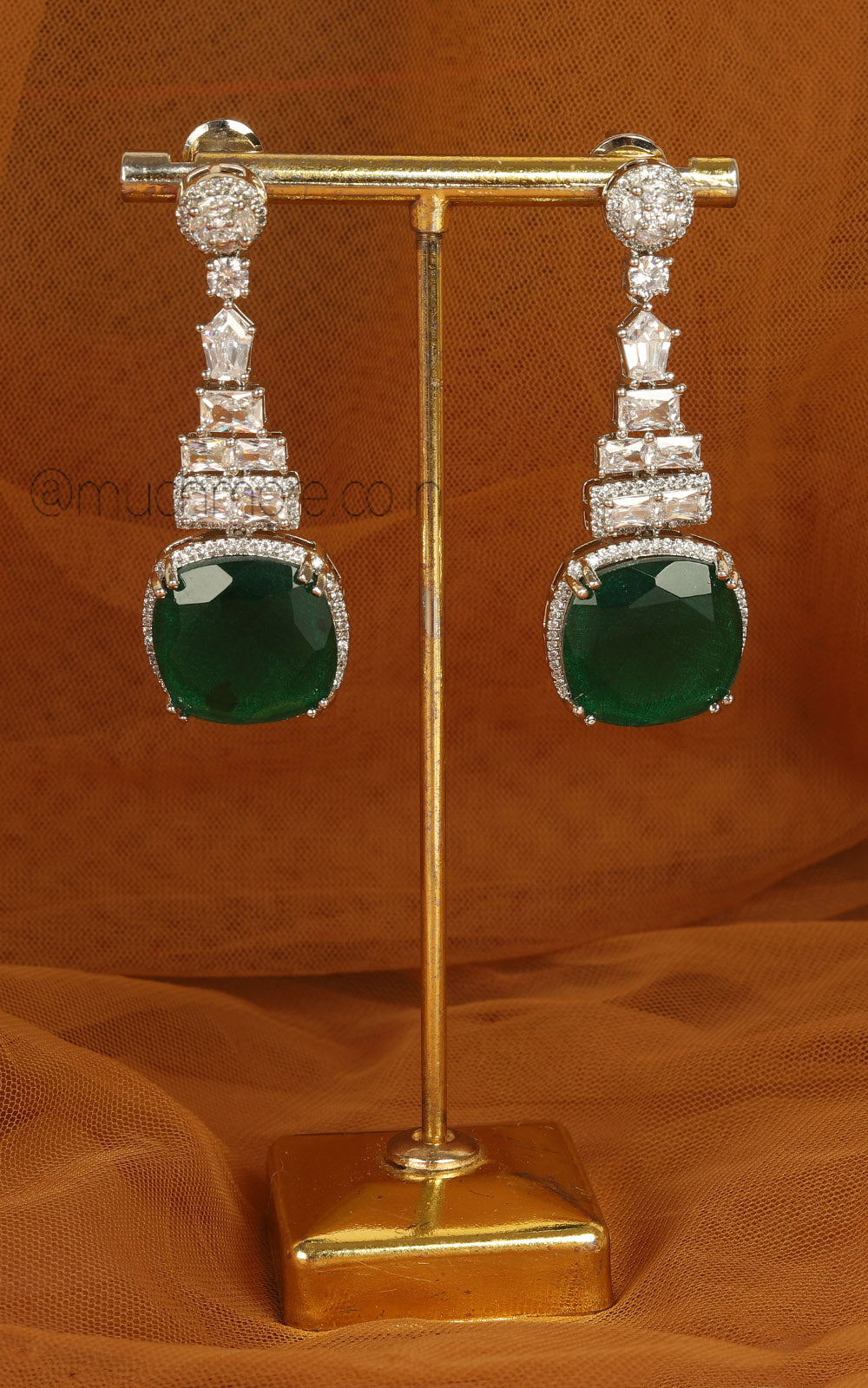Glamorous Emerald Green Earrings In Silver Polish