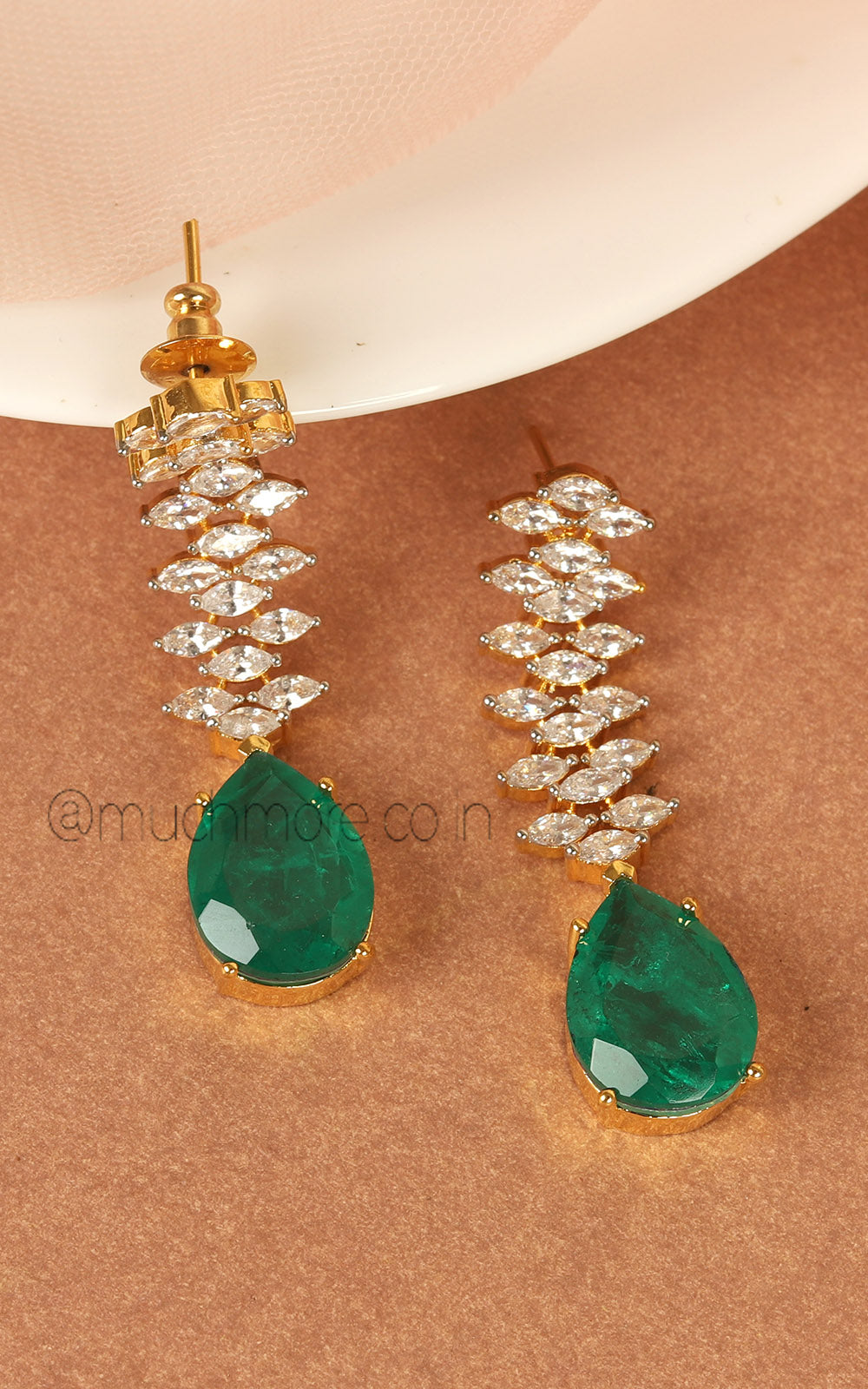 Doublet Drop Emerald Green Gold Polish Long Statement Earrings
