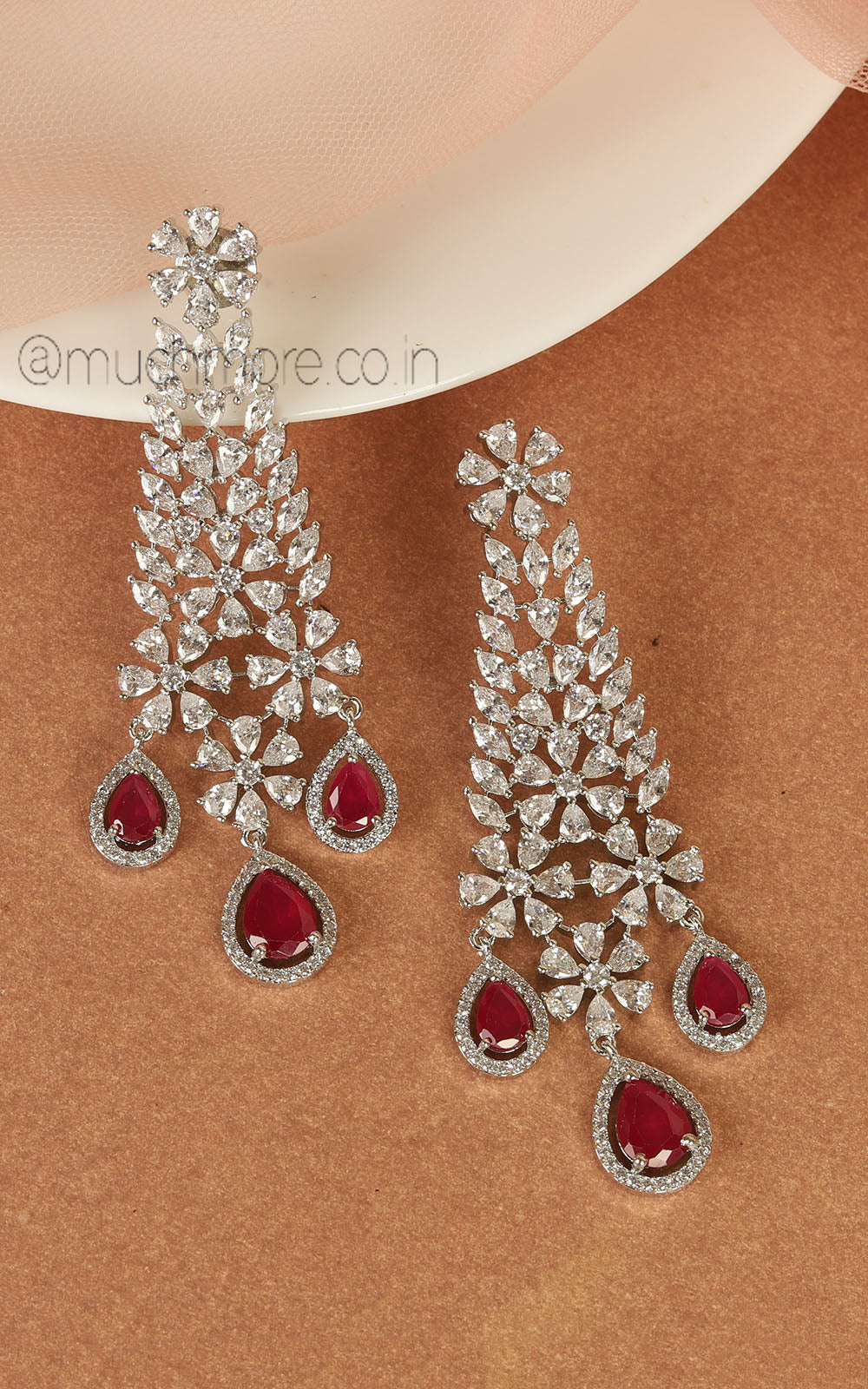 Premium Quality Ruby Diamond Zircon Earrings Silver Polish