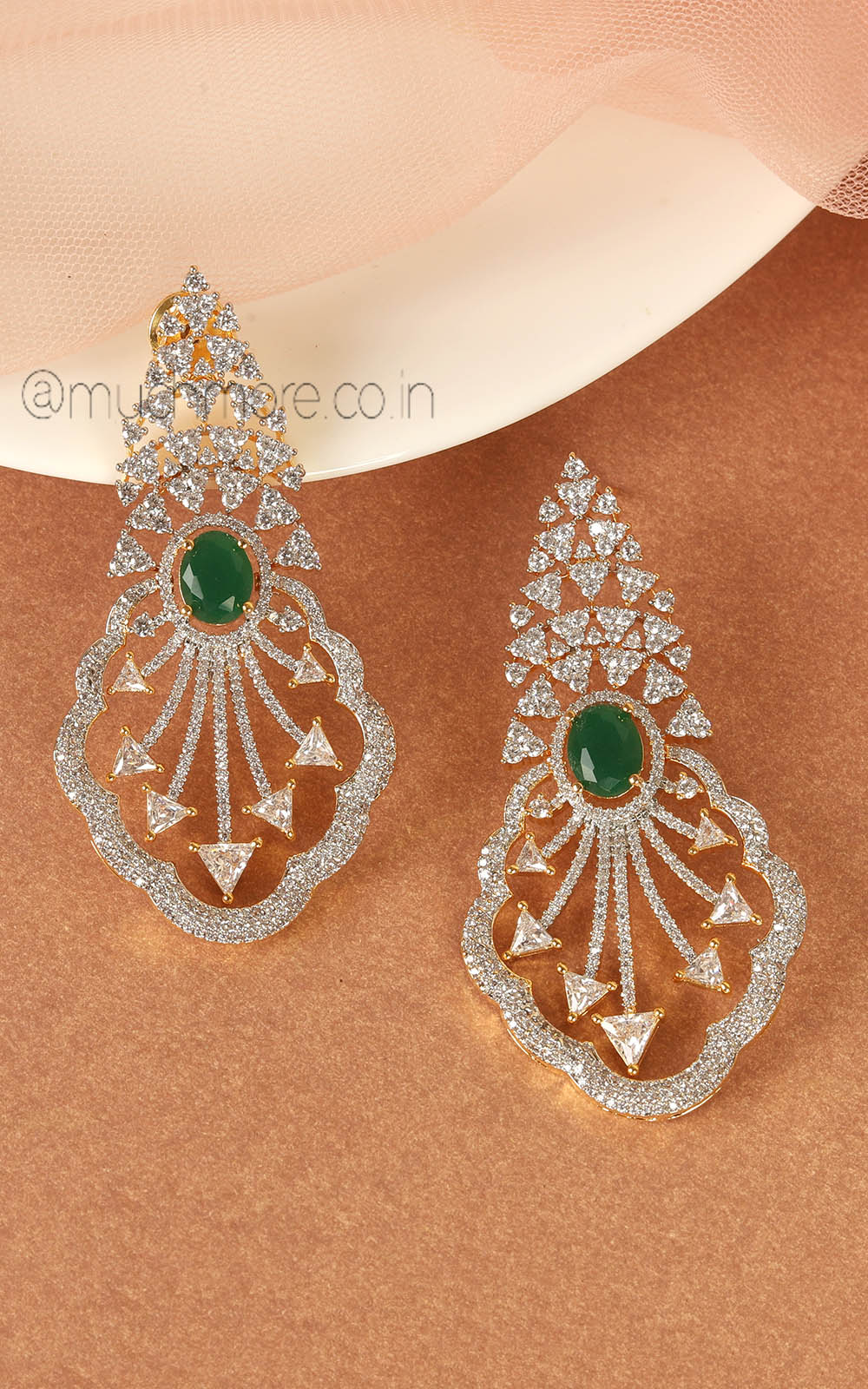 Emerald Green Gold Polish Diamond Zircon Earrings