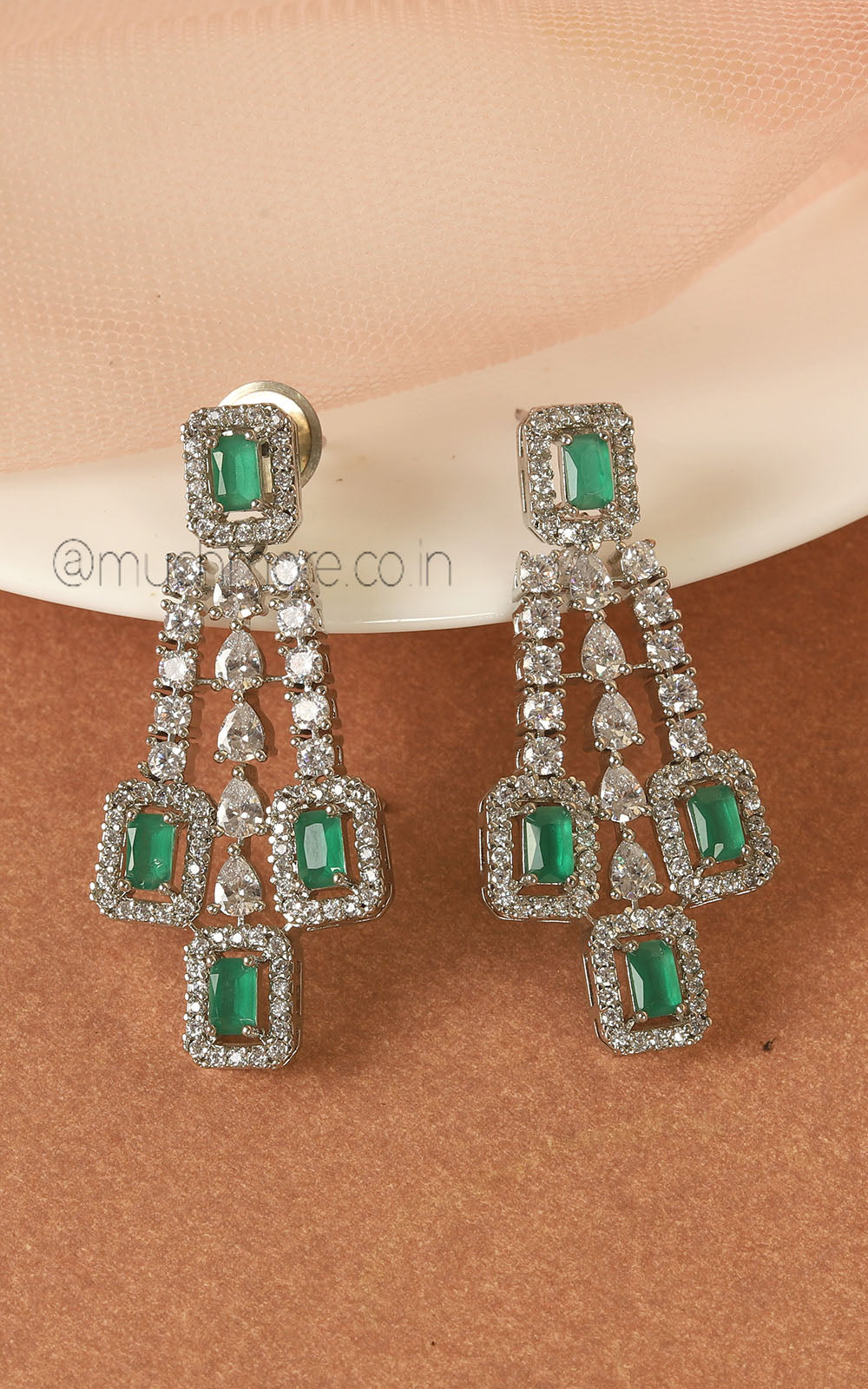 Small And Cute Silver Polish Emerald Green AD Earrings