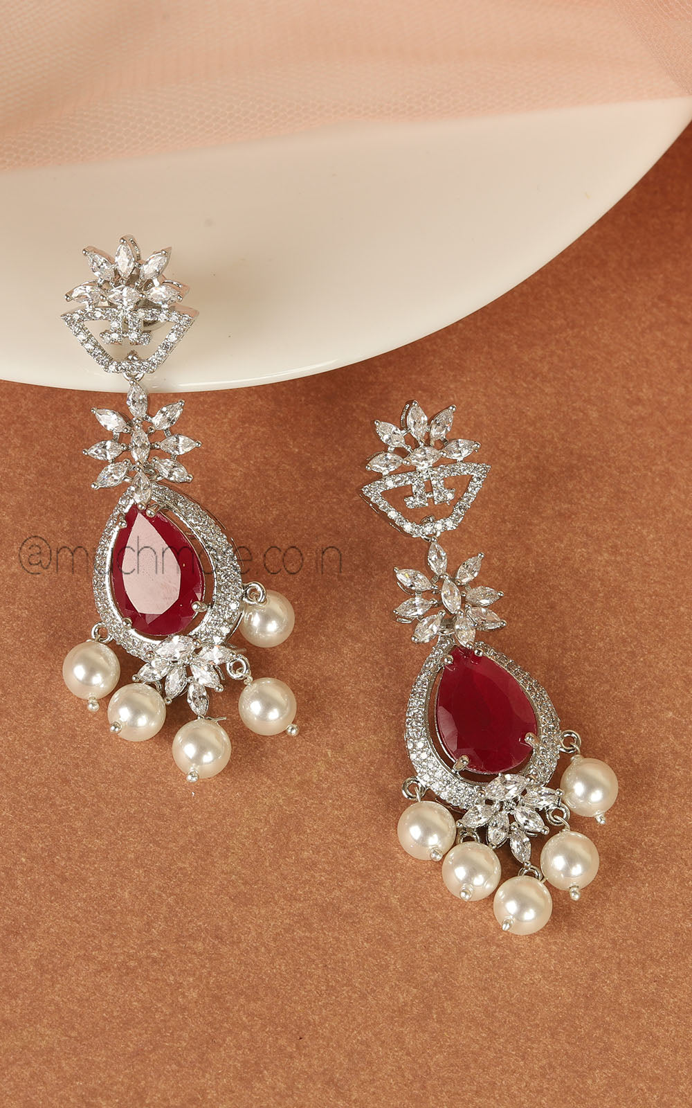 Pearl Hanging Ruby Silver Polish Stylish Earrings