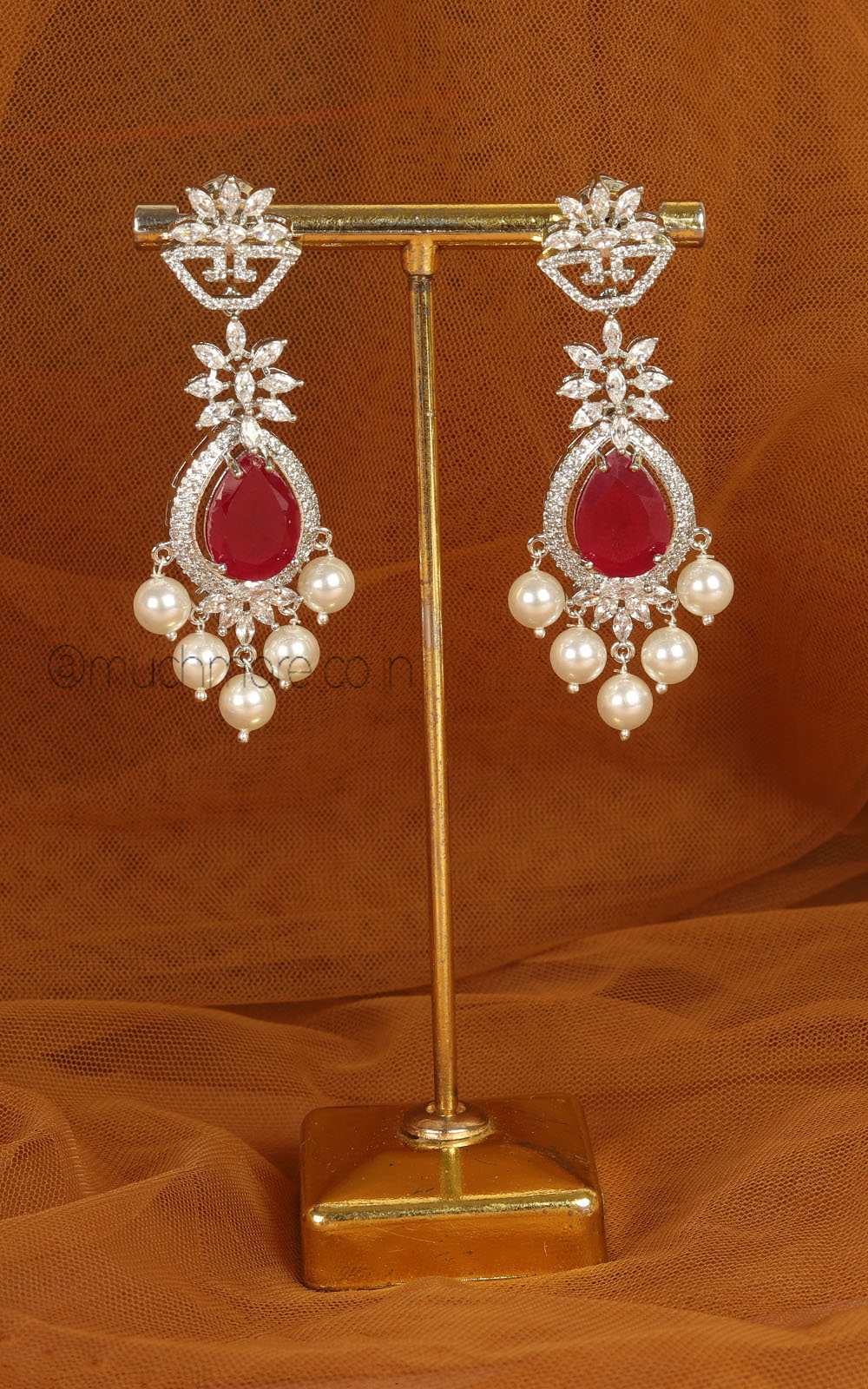 Pearl Hanging Ruby Silver Polish Stylish Earrings
