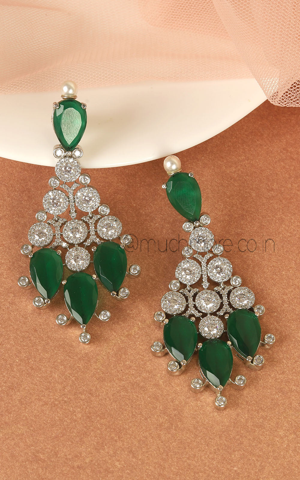 Emerald Green Diamond Earrings In Sterling Silver Polish