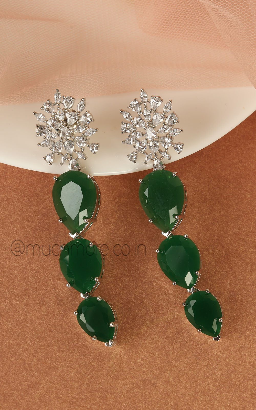 Long Emerald Green Silver Plated Trending Earrings