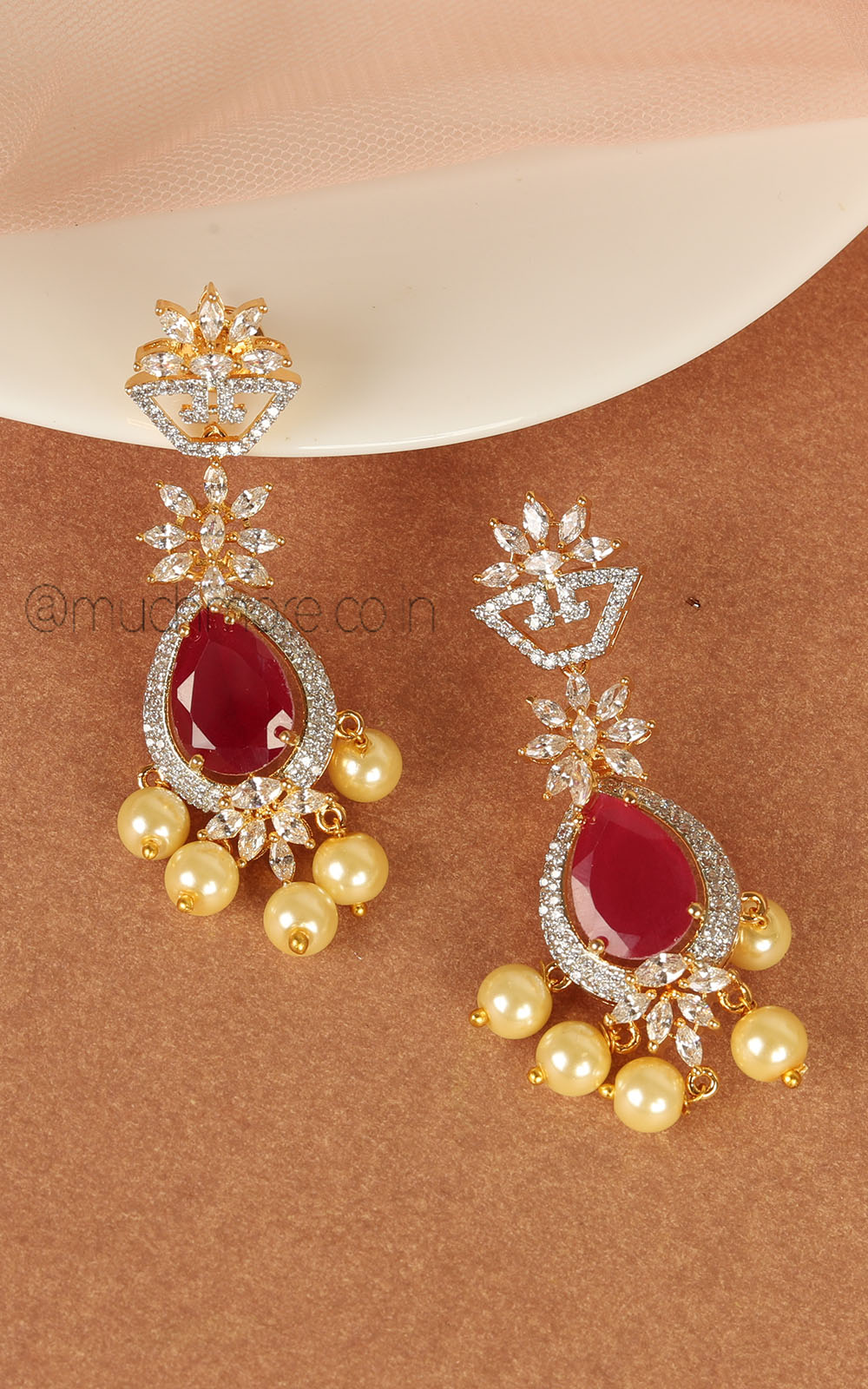 Gold Polish Ruby And Zircon Earrings With Pearl Hangings