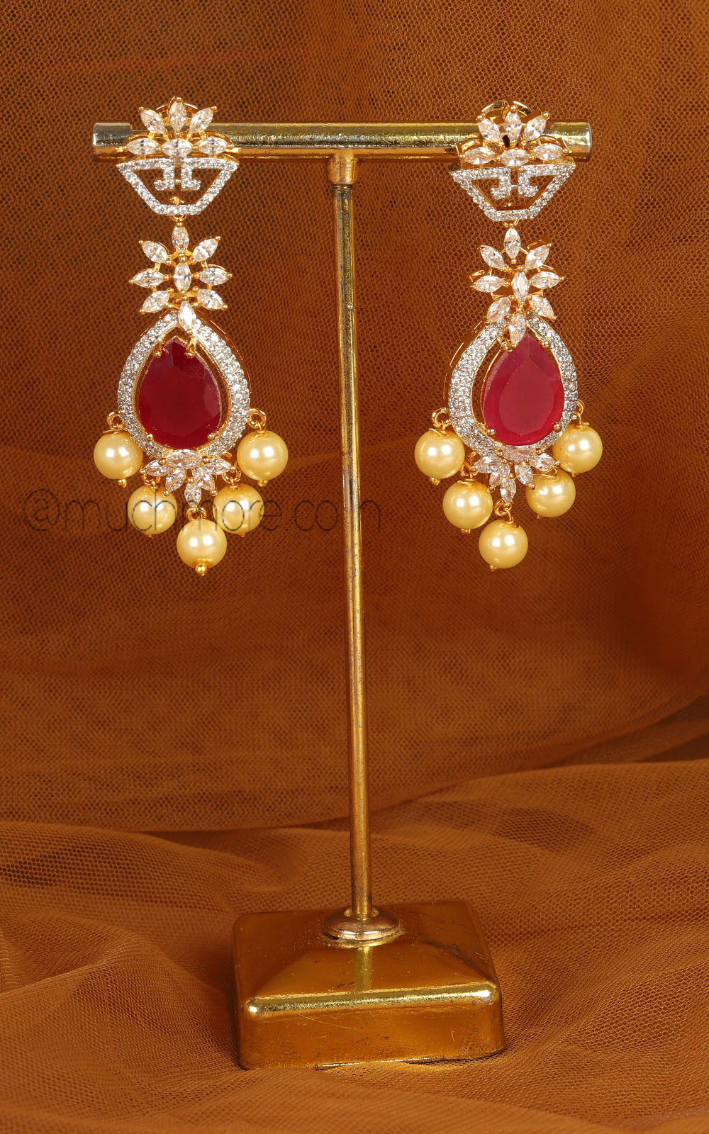 Gold Polish Ruby And Zircon Earrings With Pearl Hangings