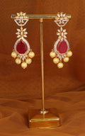 Gold Polish Ruby And Zircon Earrings With Pearl Hangings