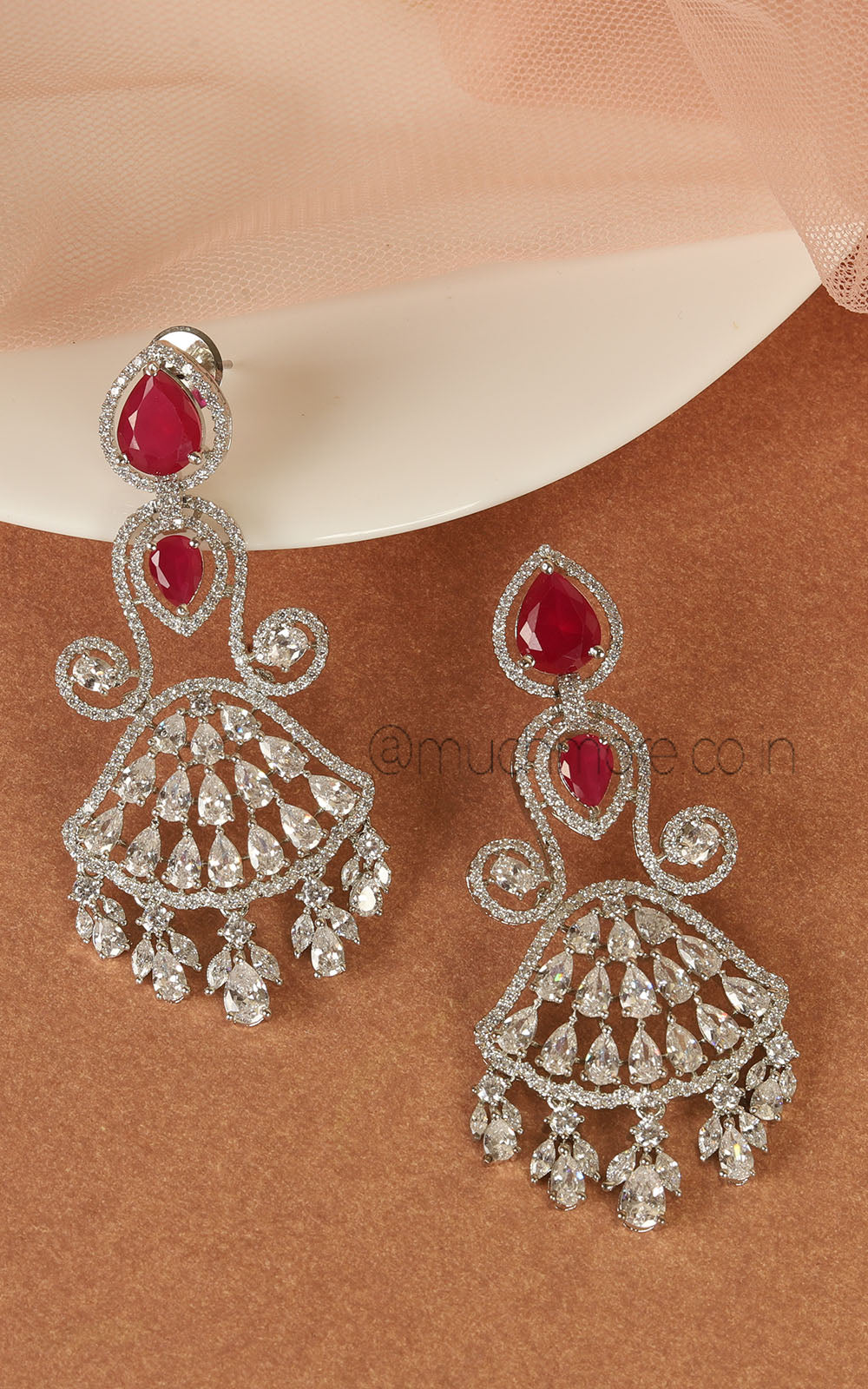 Silver Polish Ruby Studded Dangle Earrings For Wedding