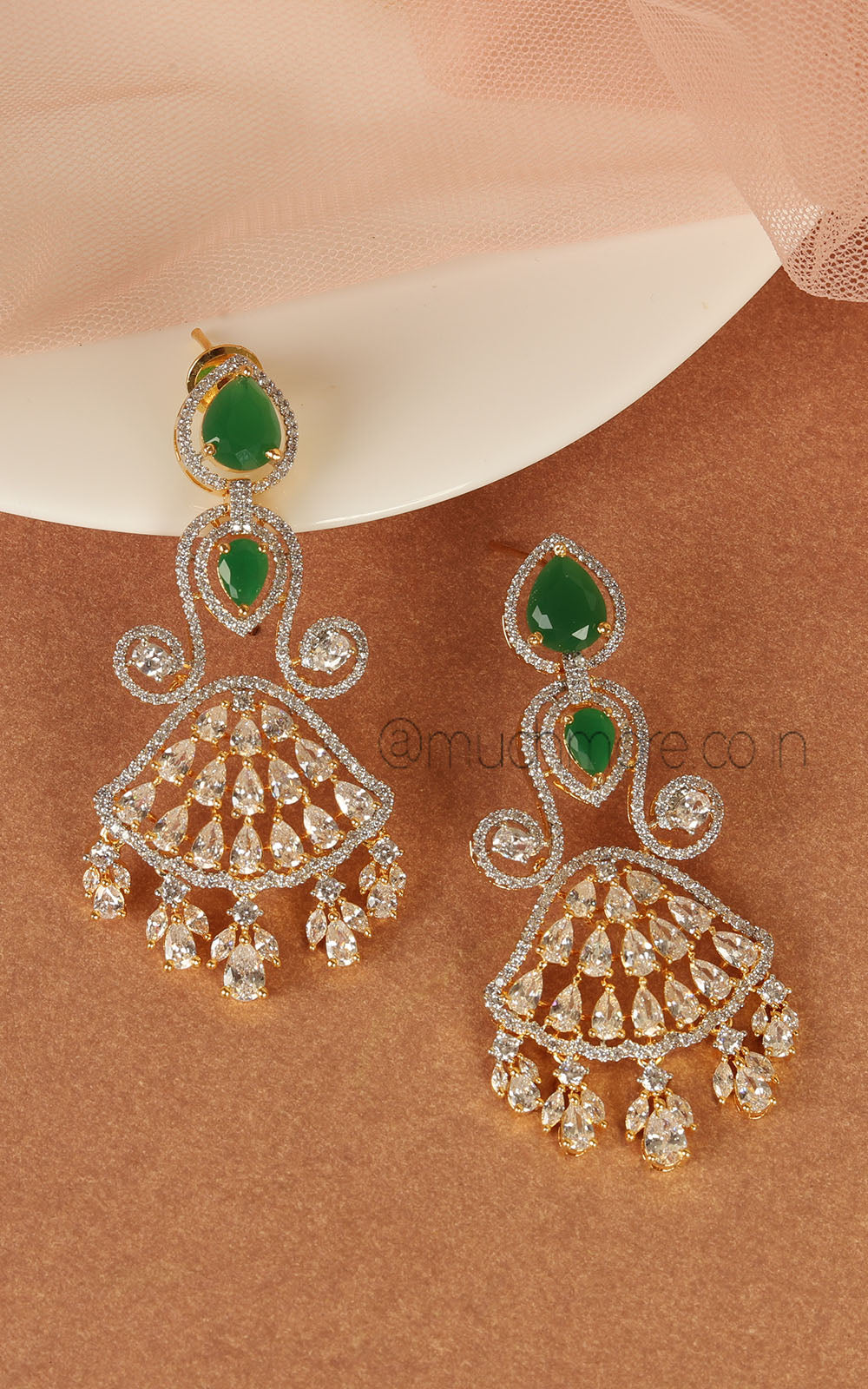 Gold Polish Emerald Green Studded Dangle Earrings For Wedding