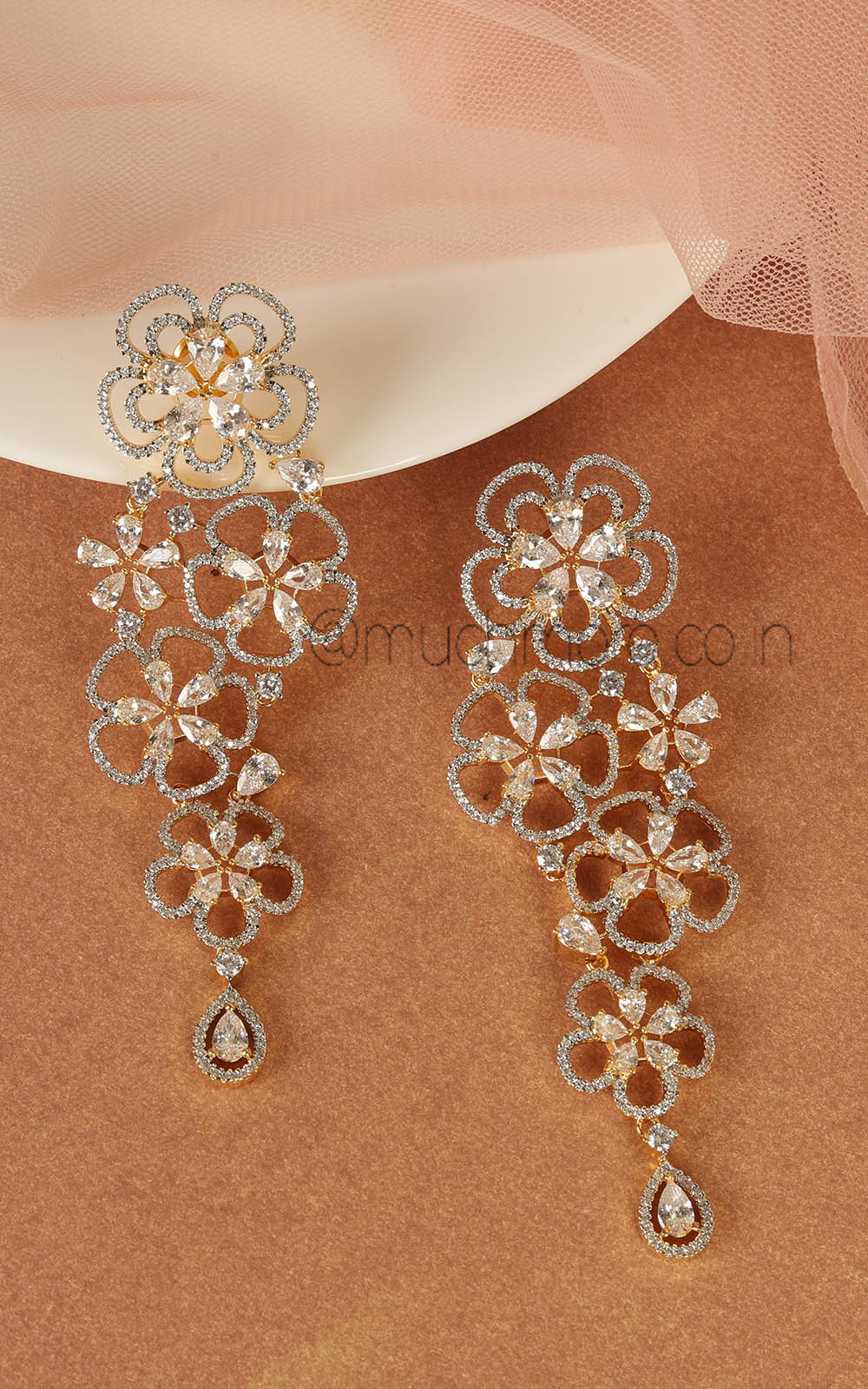 Flower Pattern Gold Polish American Diamond Designer Earrings