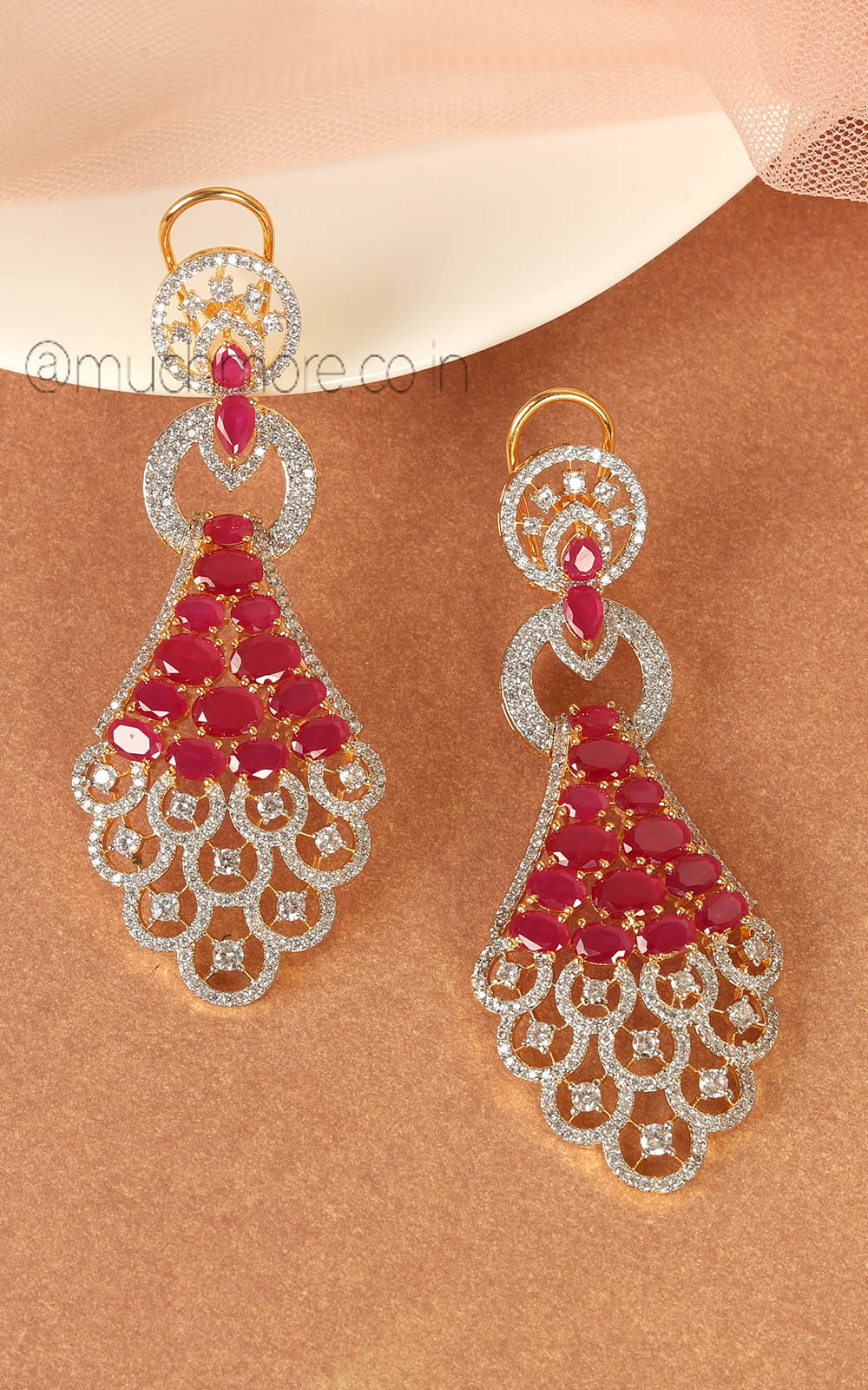 Gold Polish Ruby American Diamond Earrings For Women