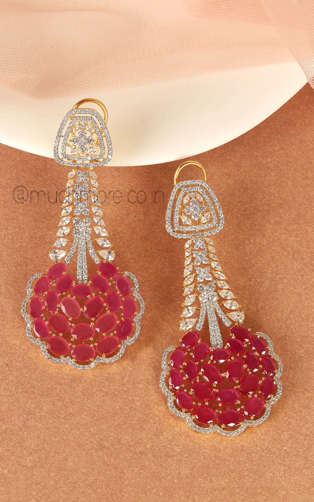 Beautifully Crafted Gold Polish Ruby AD And Zircon Earrings