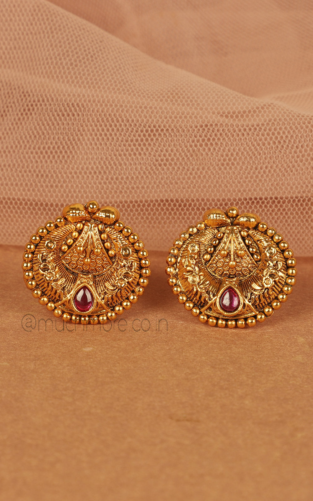 Gold Look Ruby Color Traditional Stud Tops Earrings