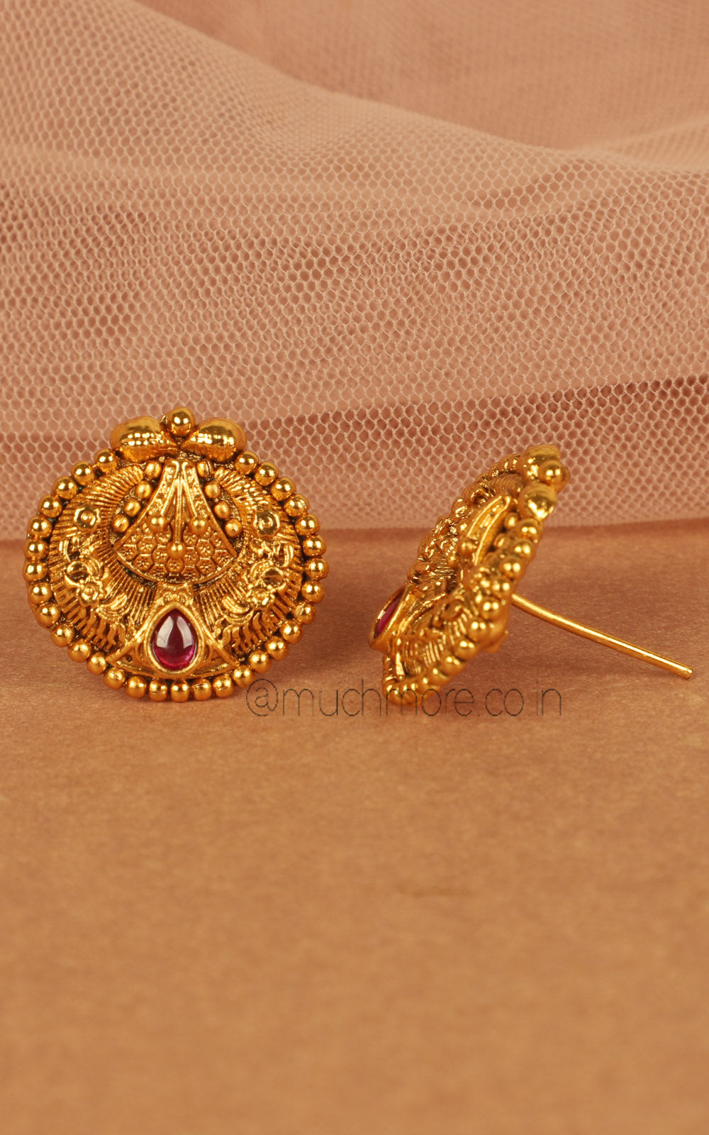 Gold Look Ruby Color Traditional Stud Tops Earrings