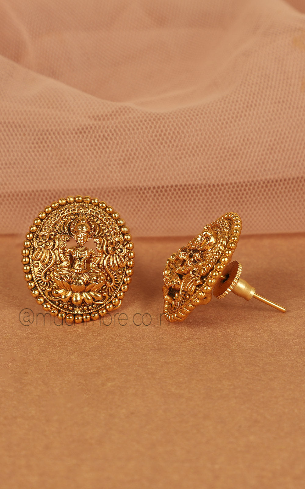 Temple Work Gold look Maa Laxmi Tops Stud Earrings