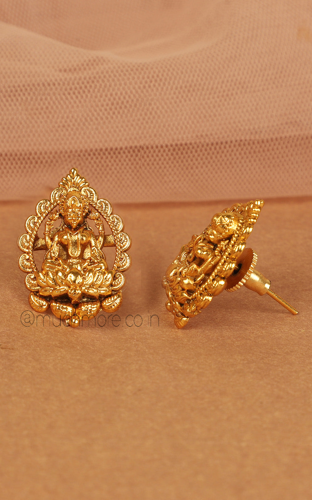 Pure Gold Look Temple Maa Laxmi Small Stud Style Earrings