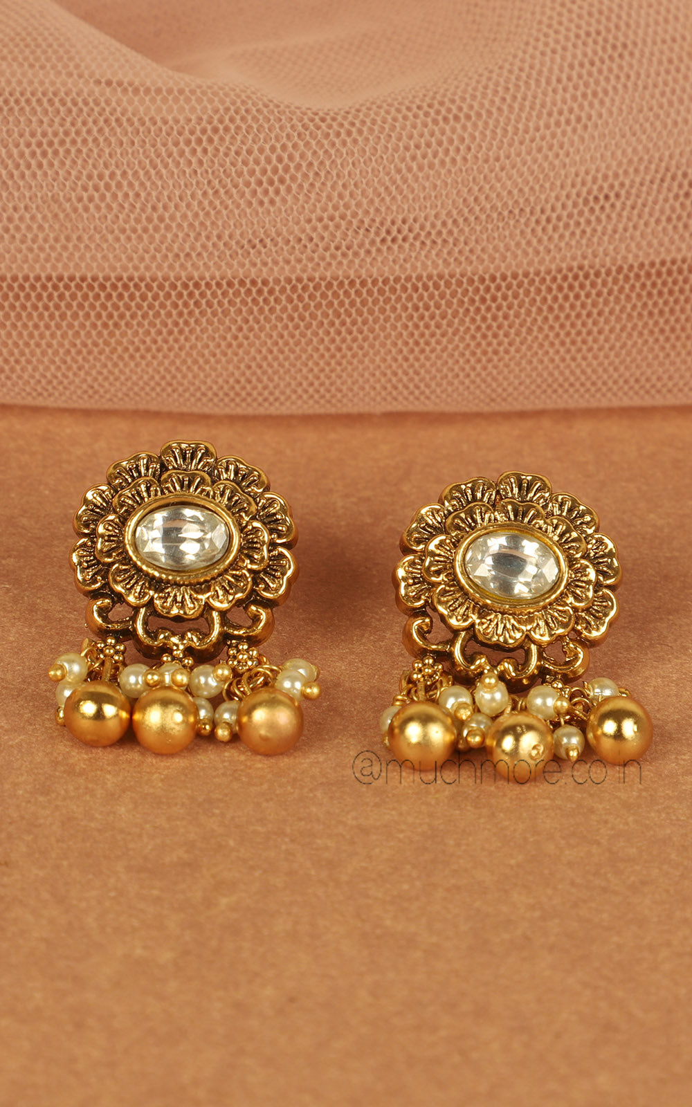 Gold Look Flower Inspired Earrings With Pearls Hangings
