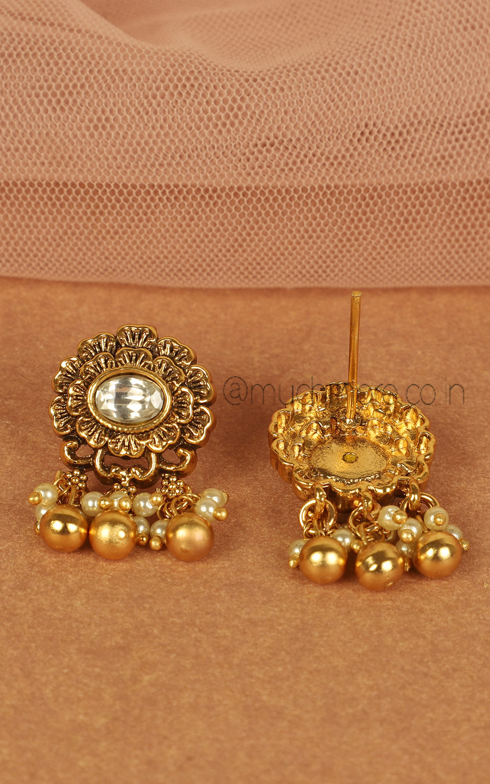 Gold Look Flower Inspired Earrings With Pearls Hangings