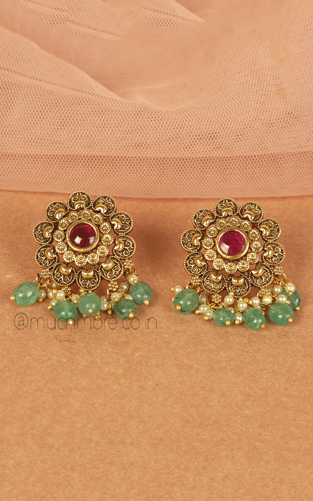 Gold Look Ruby Green Flower Inspired Earrings With Hangings