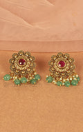 Gold Look Ruby Green Flower Inspired Earrings With Hangings